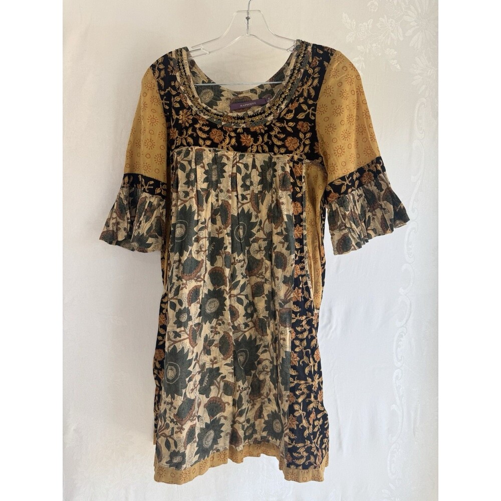 Rapsodia Women’s Floral Sun Beaded Sequin Dress 100% Cotton  Boho Cottage Core